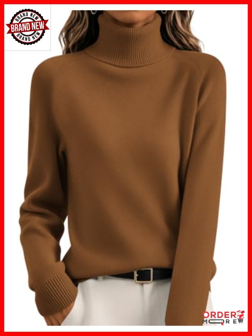 Turtleneck Pullover Sweater Long Sleeve Ribbed Knit Loose Fit Winter